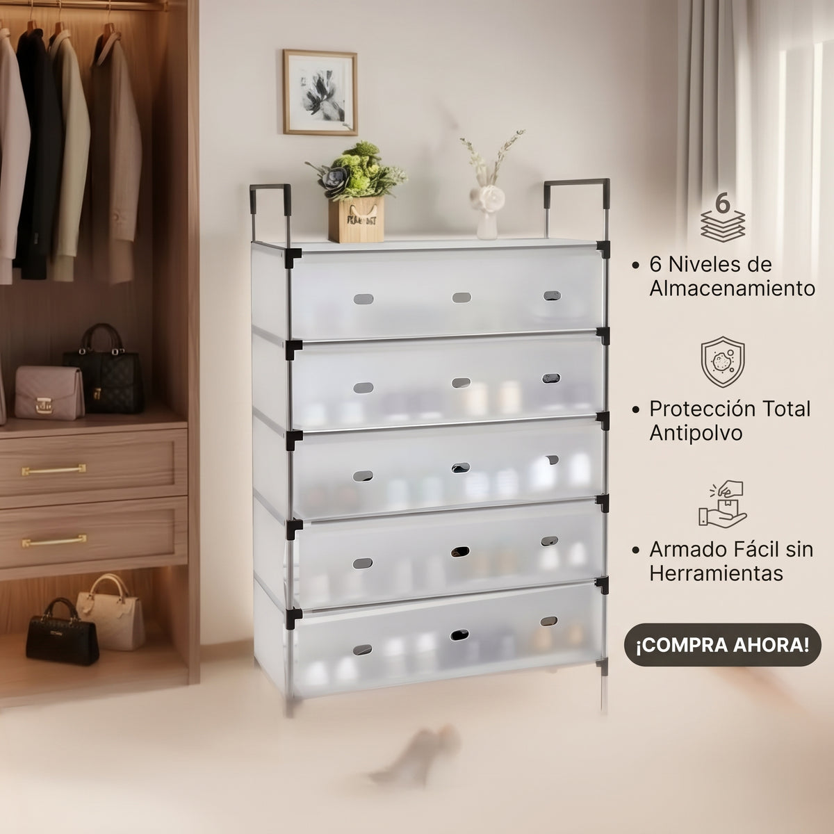 ShoeGuard 6 Pro | Zapatero 6 niveles con tapa | Tus zapatos favoritos protegidos, organizados y como nuevos todos los días